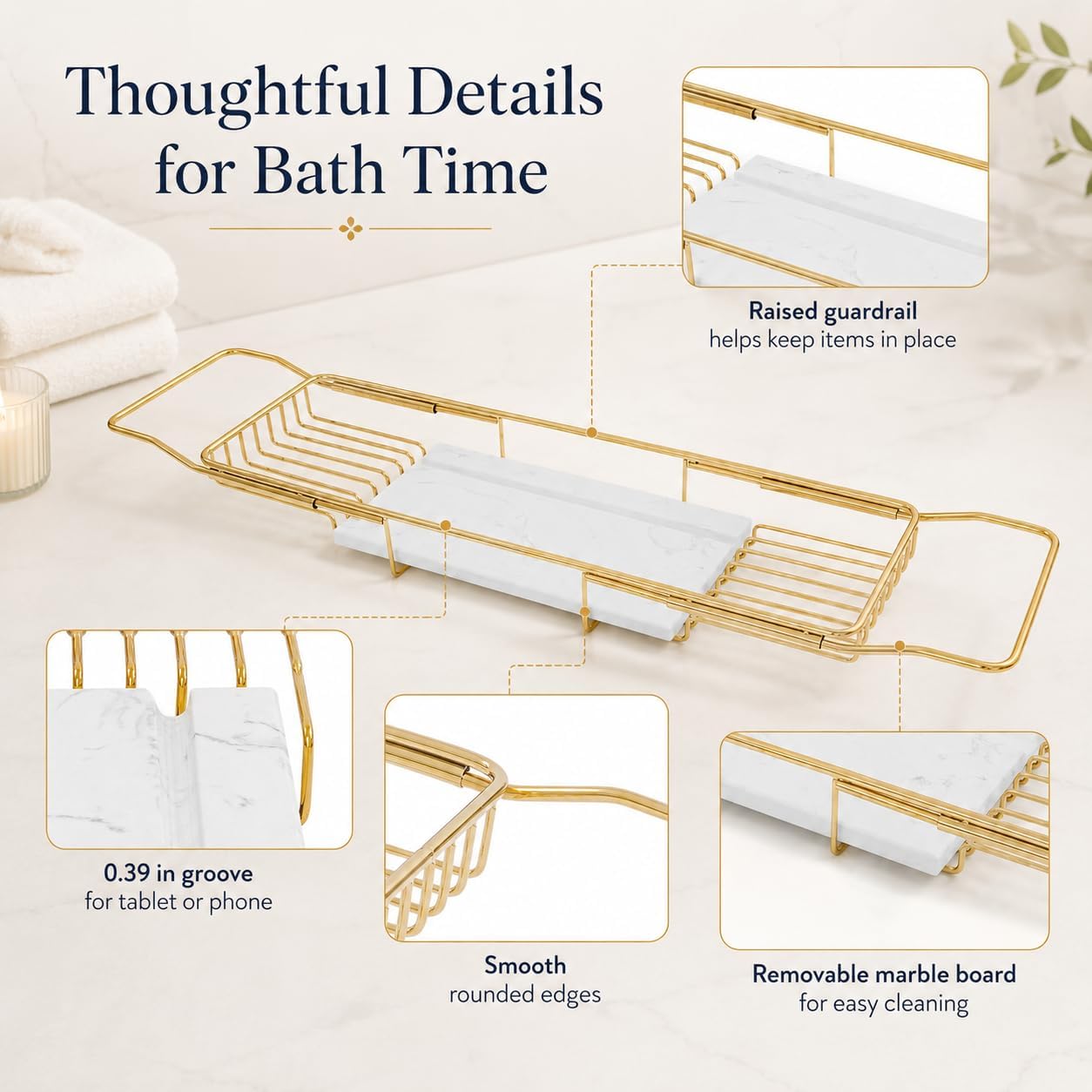 Expandable Bathtub Tray, Stainless Steel Bath Table Tray with Marble Board, Modern Luxury Bathtub Shelf for Bathrooms, Kitchen Sink (Gold + White)