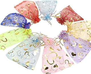Wudygirl 100 PCS Organza Bags 3.54X4.72 inches Small Jewelry Bags with Drawstring Wedding Christmas Party Lavender Sachets Soaps Marbles Coins Bag (Mix Heart)