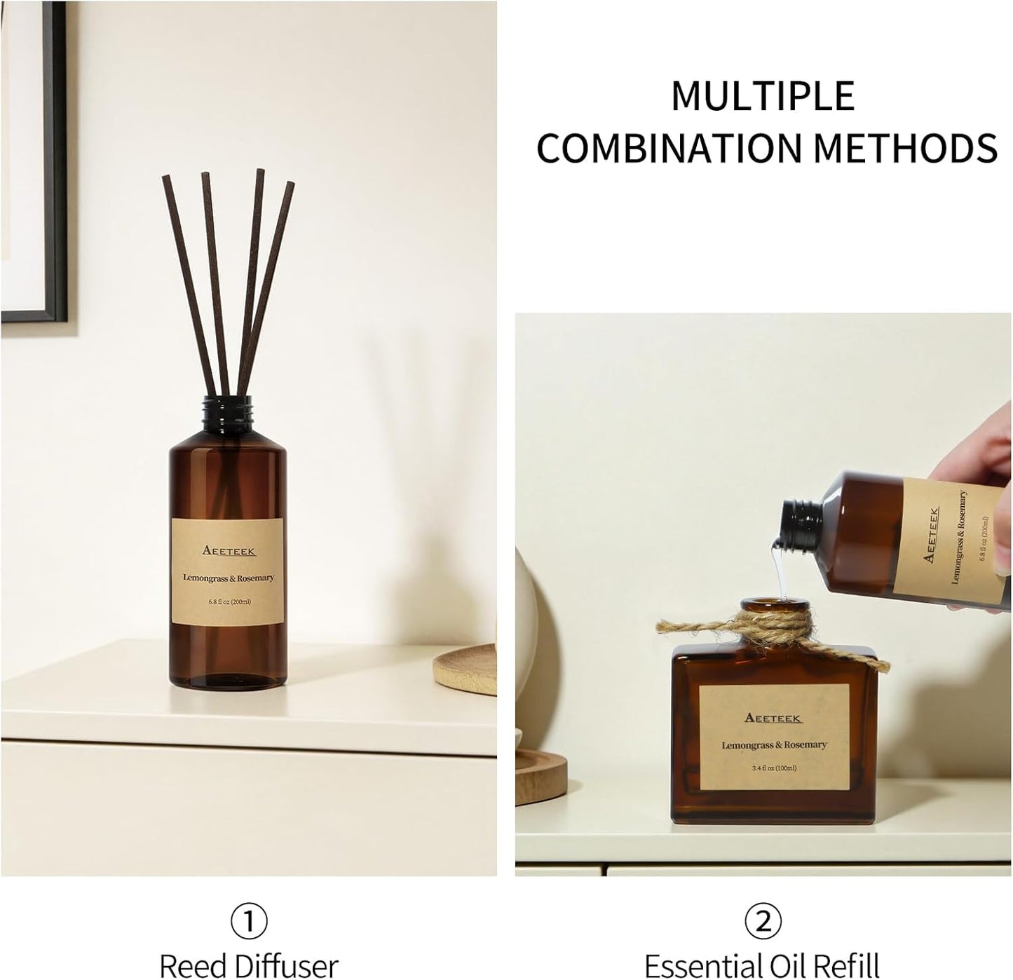Reed Diffuser, Lemongrass Rosemary Fresh Ginger Scented Oil Refill with Diffuser Sticks, 6.8 Fl Oz (200ml) Essential Oil Diffuser for Bathroom, Elegant Fragrance for Room Decor