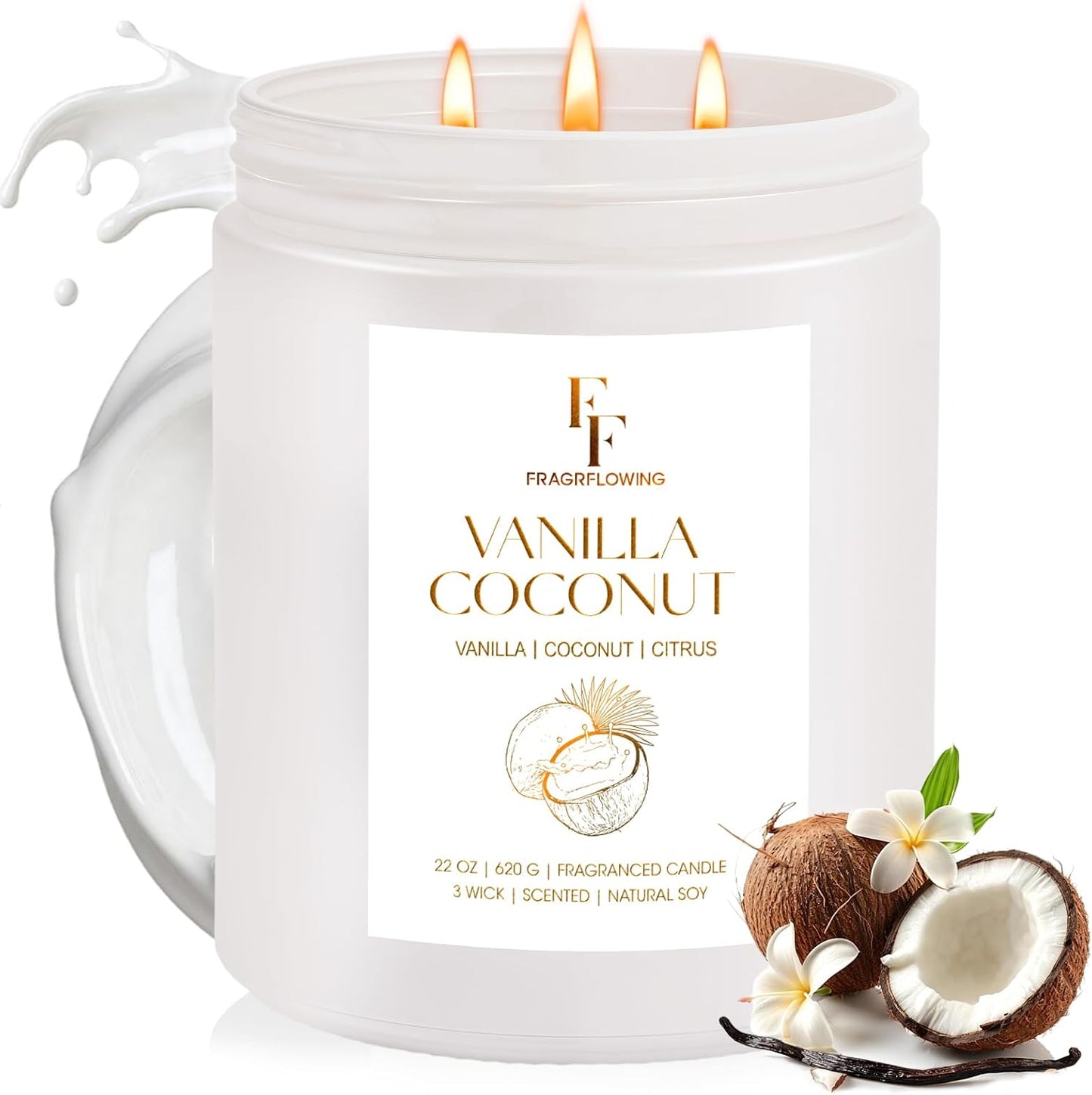 Vanilla Coconut Large Scented Candle, 3-Wick 22oz Long Lasting Scented Candle, Natural Soy Wax Aromatherapy Candle for Home, Candle Gifts for Women Men