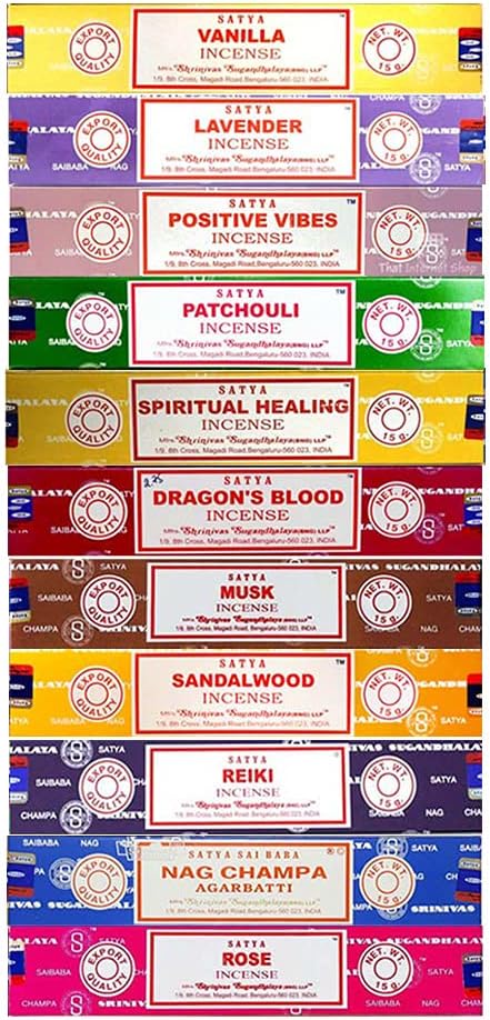 Generic Set of 15g Nag Champa, Lavender, Patchouli, Musk, Reiki, Rose, Positive Vibes, Spiritual Healing, Dragon Blood, Sandalwood, Vanilla + Free One Unit Satya Incense