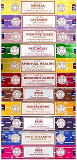 Generic Set of 15g Nag Champa, Lavender, Patchouli, Musk, Reiki, Rose, Positive Vibes, Spiritual Healing, Dragon Blood, Sandalwood, Vanilla + Free One Unit Satya Incense