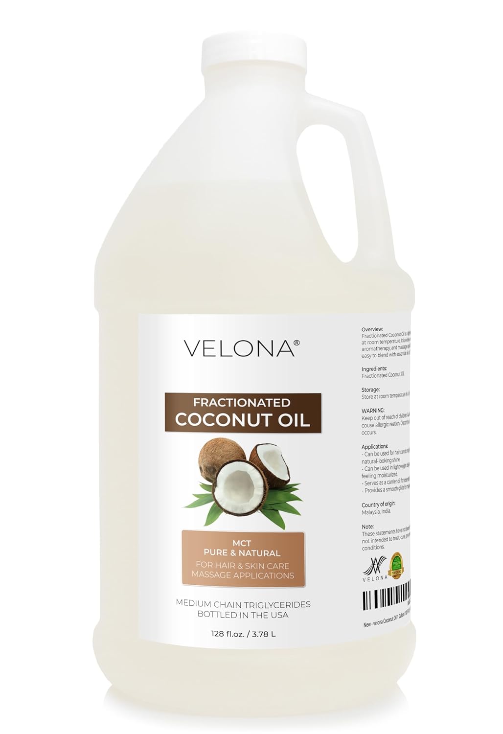 velona MCT Coconut Oil 1 Gallon / 128 Fl Oz | 100% Pure and Natural Carrier Oil | Fractionated | Skin, Face, Body, Hair Care | Use Today - Enjoy Results
