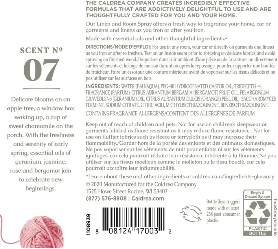 Caldrea Linen and Room Spray Air Freshener, Made with Essential Oils, Plant Derived Ingredients, Sweet Pea Scent, 16 oz