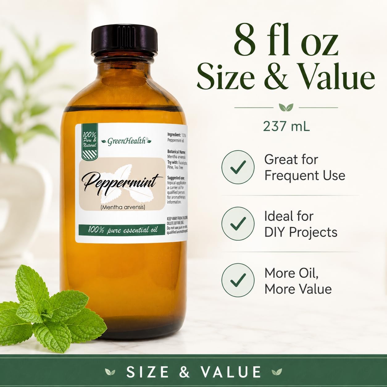 GreenHealth Japanese Peppermint Essential Oil – 8 fl oz – 100% Pure & Uncut – Strong Menthol Aroma – Steam-Distilled