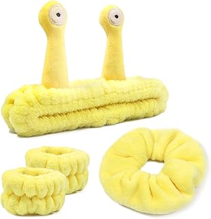 Face Wash Headband, Skincare Wrist Bands for Washing Face Set Spa Hair Bands Gift for Women Girls with a Hair Scrunchie, Cute Yellow snail tentacle Elastic Headband, for Face Washing Makeup Skincare