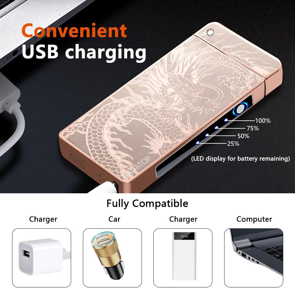 GADATOP Dragon Arc Plasma Flame Lighter - USB Rechargeable, Windproof Electric Lighter for Candle (Gold)
