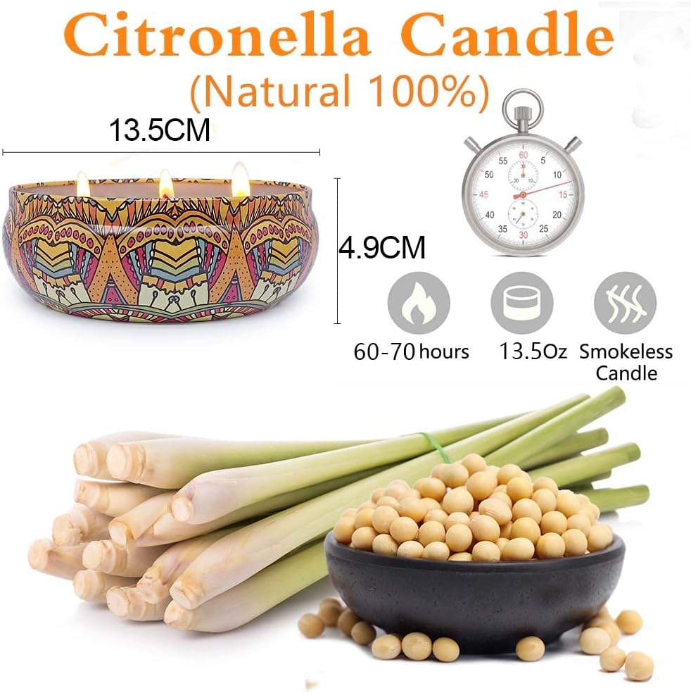 Citronella Candle Outdoor, Large 3 Wicks 13.5oz Natural Soy Wax Summer Camping Candle for Outside Patio Porch, 75 Hours Burning