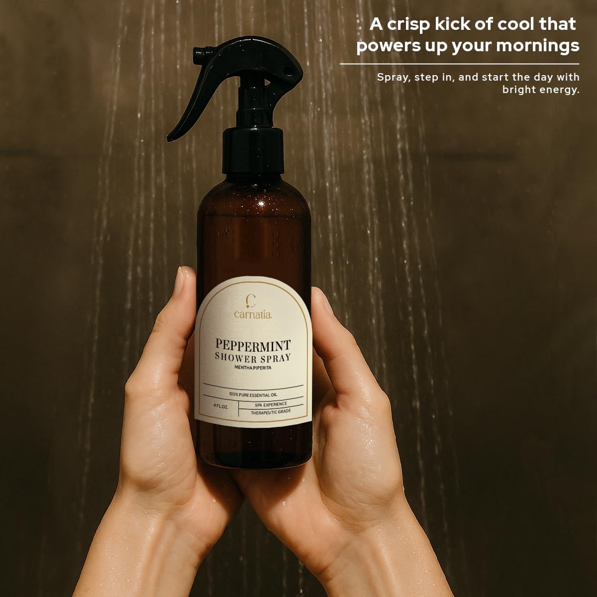 Carnatia Peppermint Shower Spray – Aromatherapy Essential Oil Mist for Showers | Spa-Like Refreshing Steam Experience | 4 fl oz Trigger Pump Spray for Focus & Energy