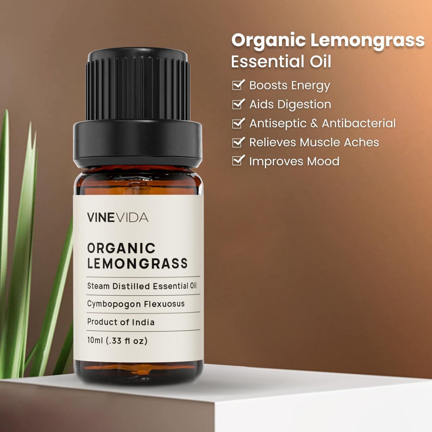 VINEVIDA Organic Lemongrass Essential Oil 10 mL - Undiluted, Pure, Vegan, Reusable Glass Bottle with Dropper