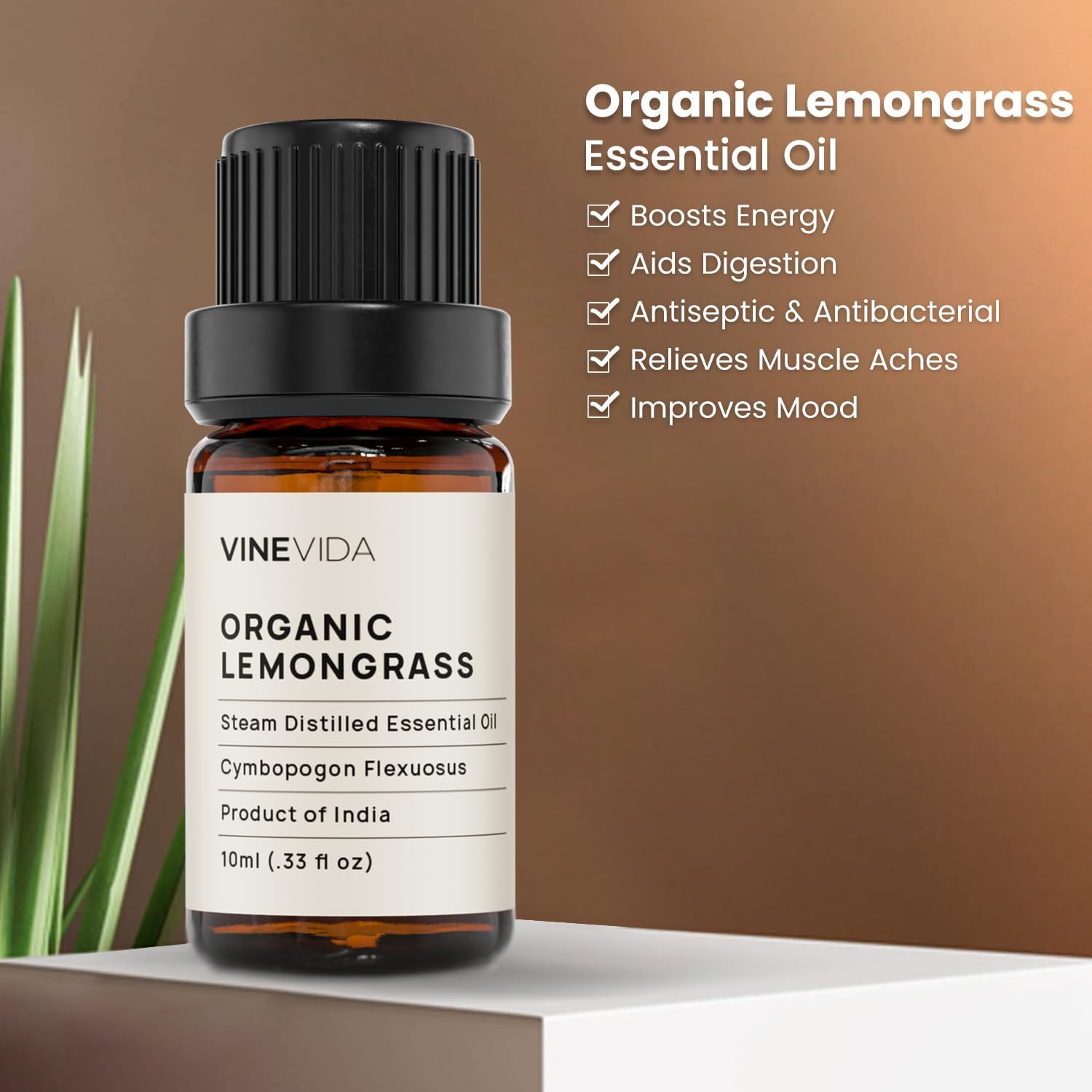 VINEVIDA Organic Lemongrass Essential Oil 10 mL - Undiluted, Pure, Vegan, Reusable Glass Bottle with Dropper