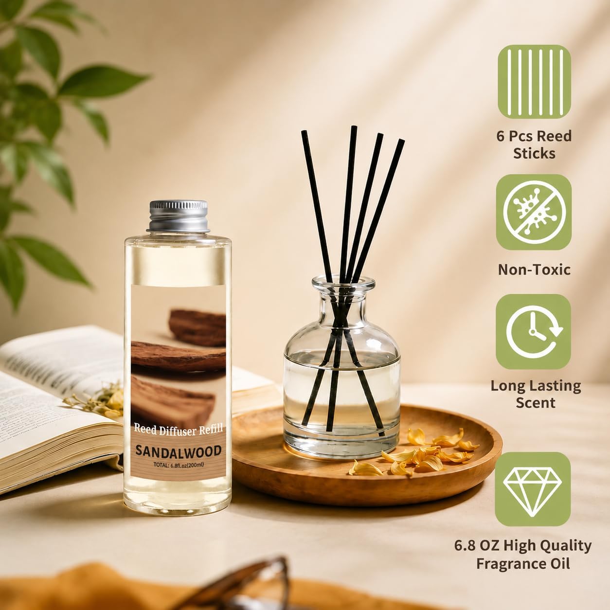 STRN Reed Diffuser Oil Refill, Sandalwood Scented Diffuser Oil Refills with 6 Reed Sticks 200ML(6.8fl.oz), Summer Long-Lasting Fragrance for Living Room, Bedroom, Office, Home Décor