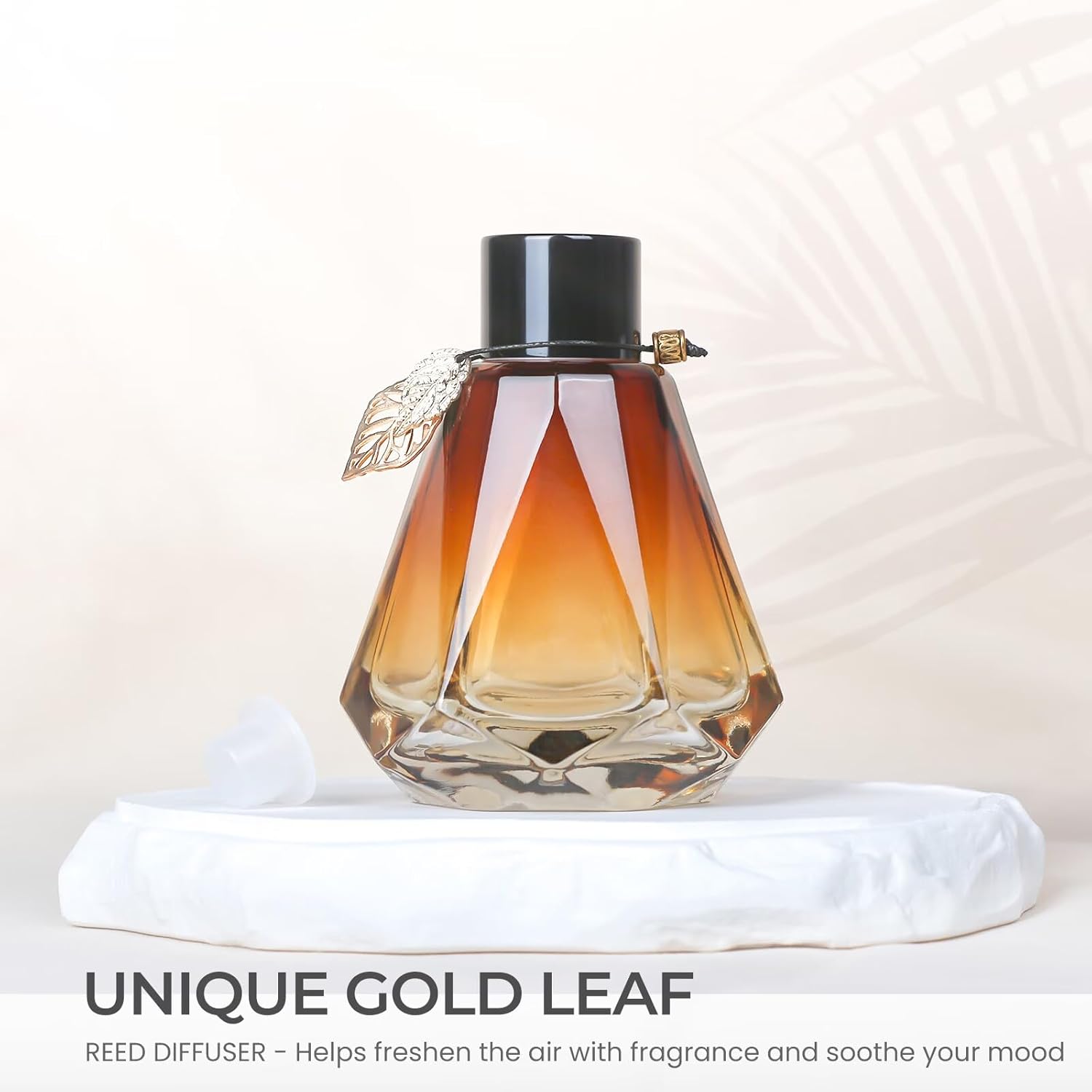 Reed Diffuser Set - 4 Empty Bottles with 20 Sticks, Delicate Gold Leaf Decor, Glass Fragrance Diffuser with Lids for Home, Bathroom | Refillable, Diamond Style (4 PCS Black)