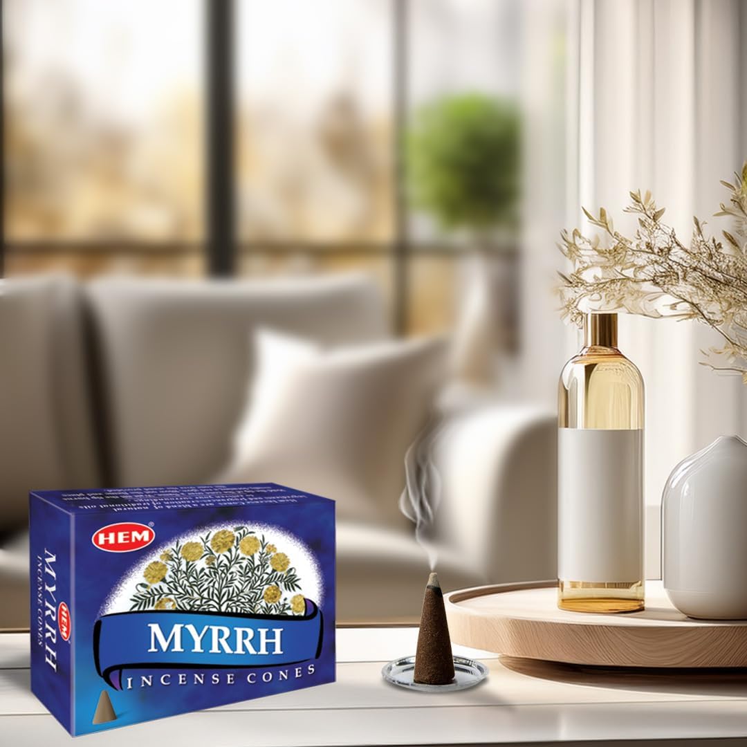 HEM Myrrh Incense Cones – Pack of 12 (Total 120 Cones) | Natural Long-Lasting Fragrance | Air Purifier & Stress Relief | Ideal for Meditation, Yoga & Positivity
