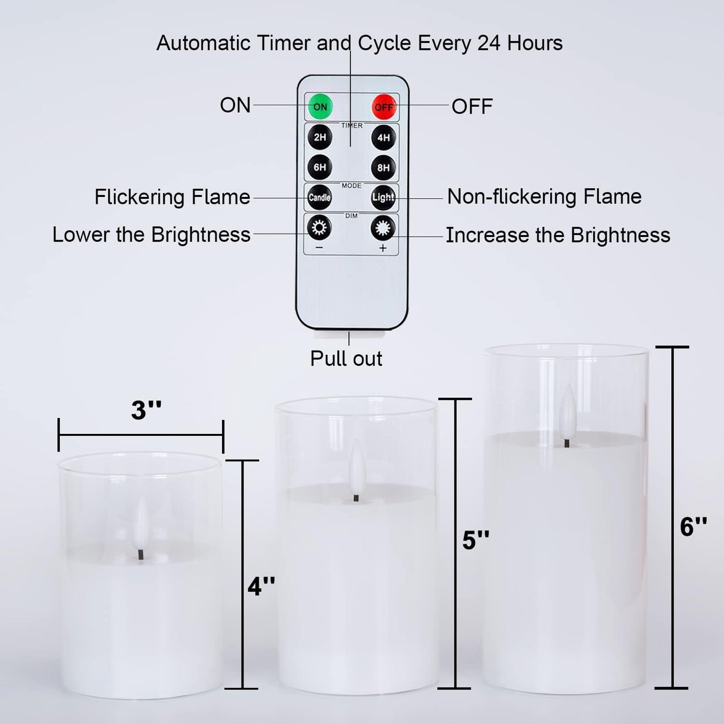 Amagic Clear Glass Flameless Candles Battery Operated with Timer, Remote Control, LED Pillar Candles, Battery Powered, Valentine's Day Decor, Pure White Wax, Set of 3