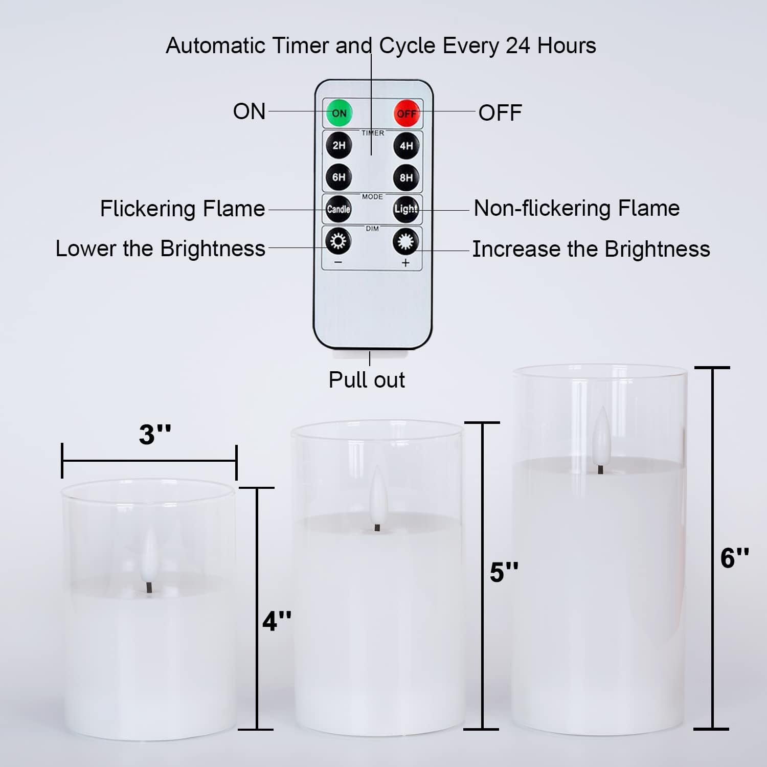 Amagic Clear Glass Flameless Candles Battery Operated with Timer, Remote Control, LED Pillar Candles, Battery Powered, Valentine's Day Decor, Pure White Wax, Set of 3