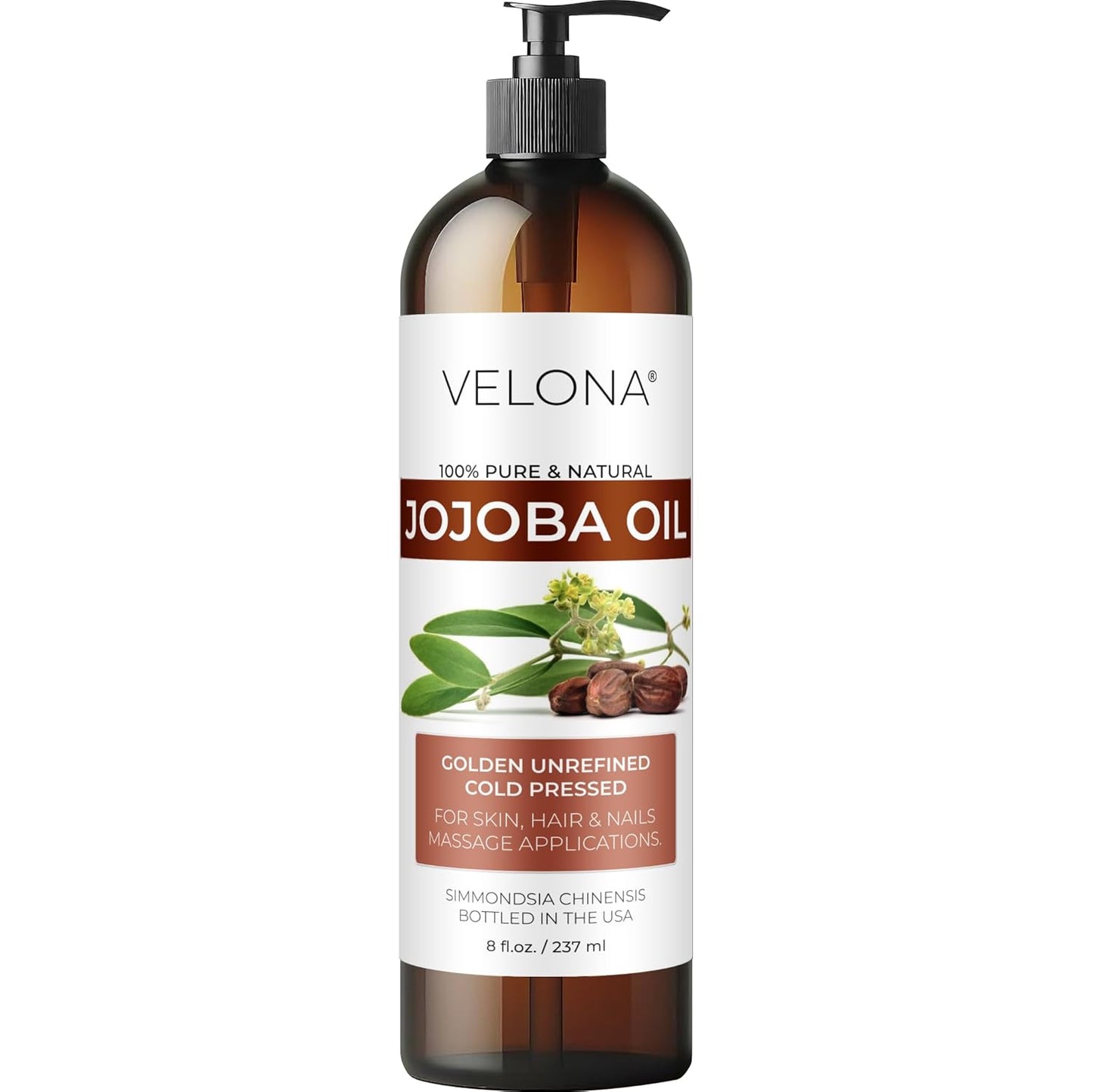velona Jojoba Oil - 8 Fl Oz (With Pump) | 100% Pure and Natural | Golden, Unrefined, Cold Pressed, Hexane Free | Moisturizing Face, Hair, Body, Skin Care