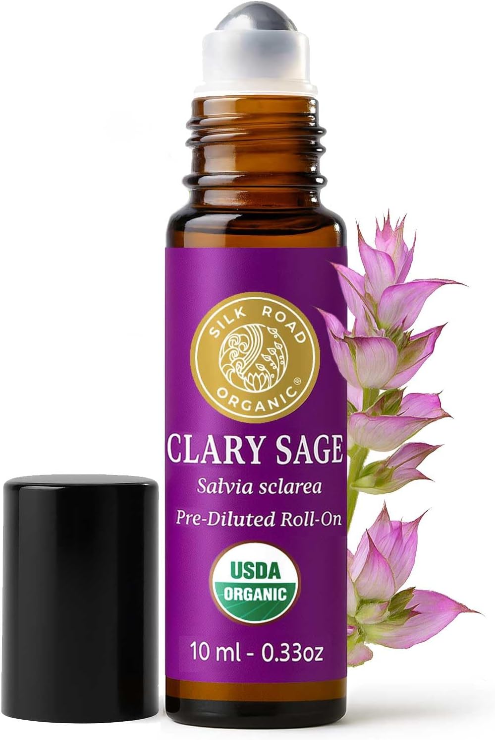 Silk Road Organic Clary Sage Essential Oil Roll On, 100% Pure USDA Certified Aromatherapy for PMS, Stress & Mental Clarity - 10 ml Roller - Always Pure, Always Organic