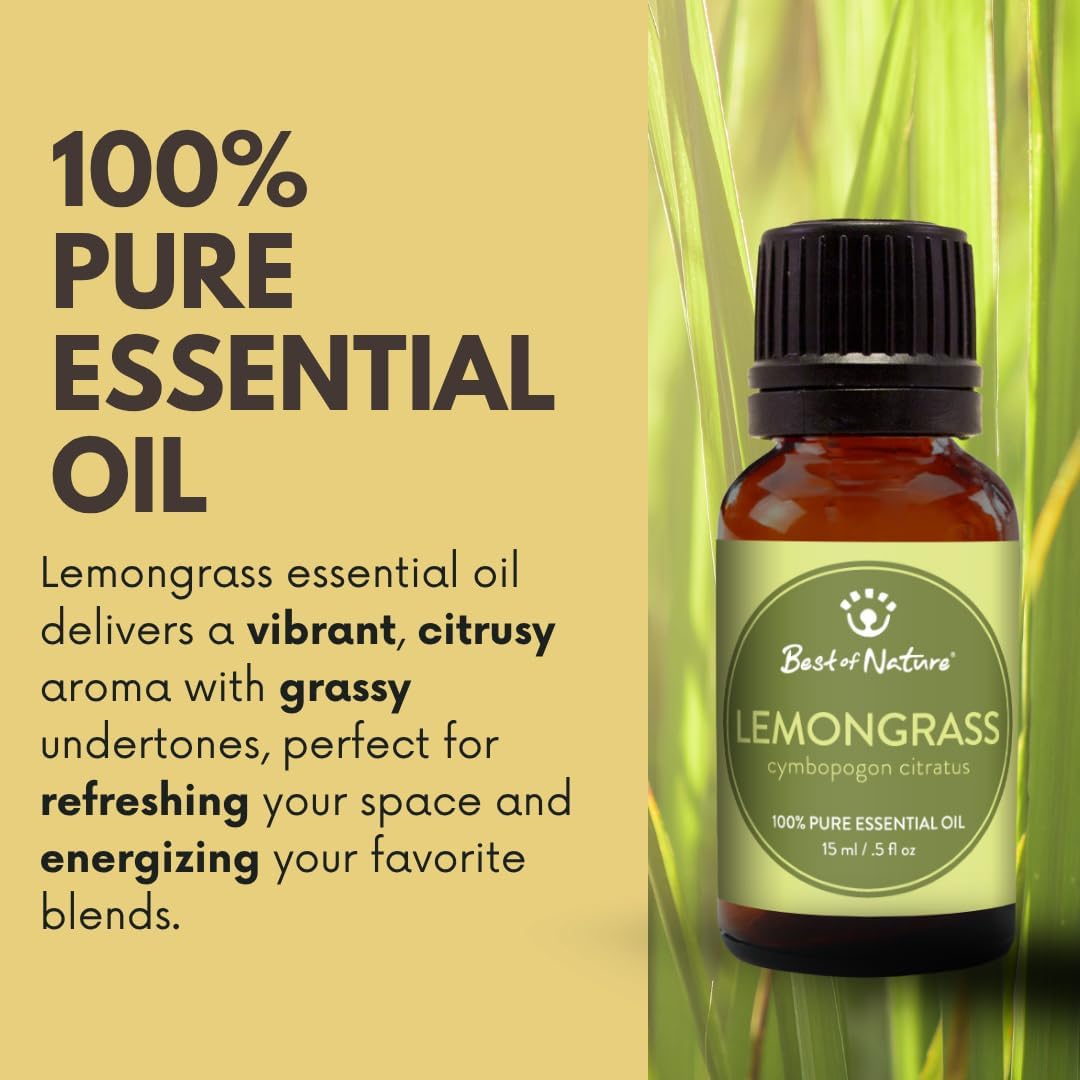 Lemongrass Essential Oil for Diffuser Aromatherapy – Best of Nature 100% Pure Undiluted Oils for DIY, Home Fragrance, and Topical Use
