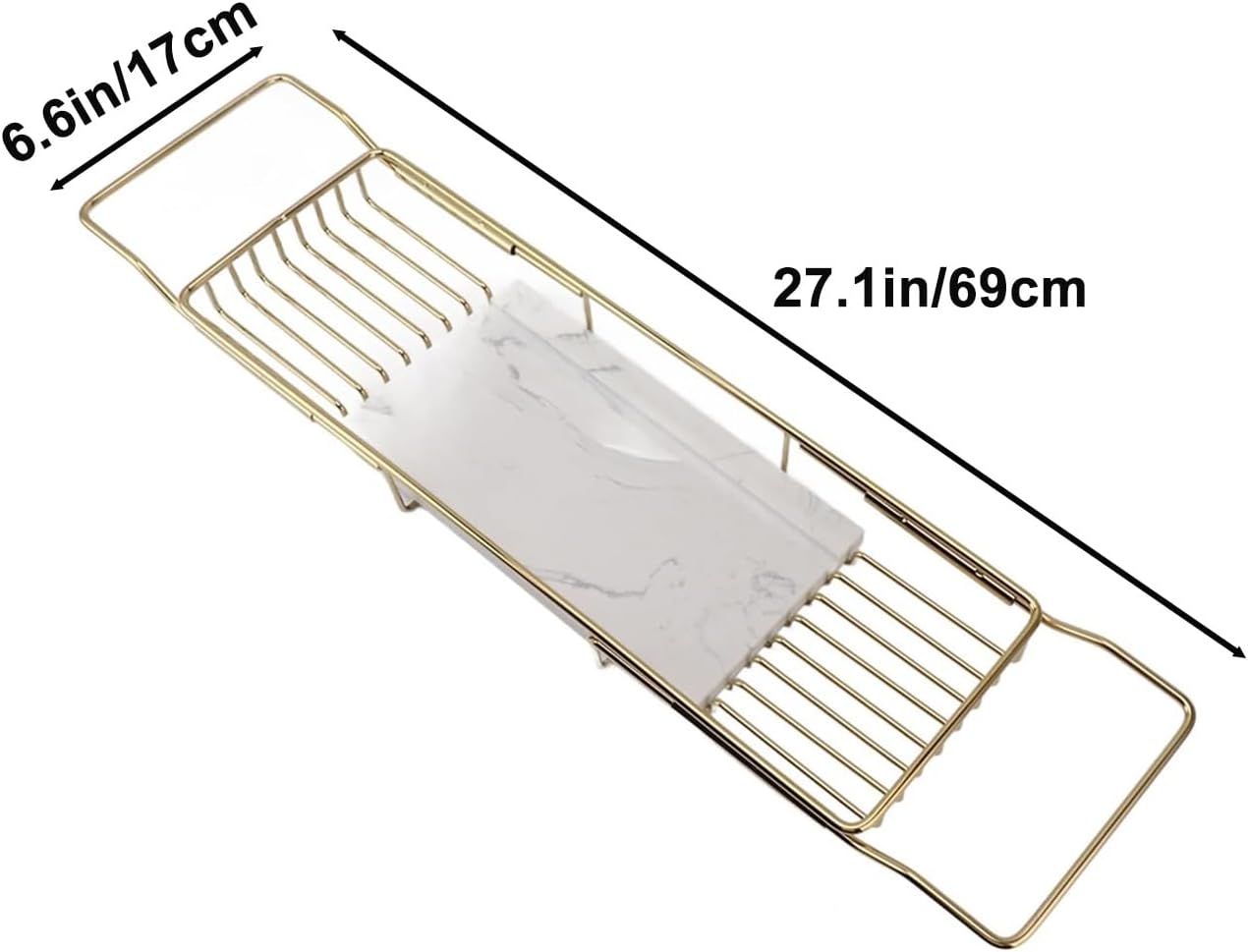 Expandable Bathtub Tray Caddy with Natural Marble Board & Stainless Steel Frame - Versatile Bathroom Rack for Books Wine Tablets - Fits Most Tubs Perfect for Relaxation-Gold