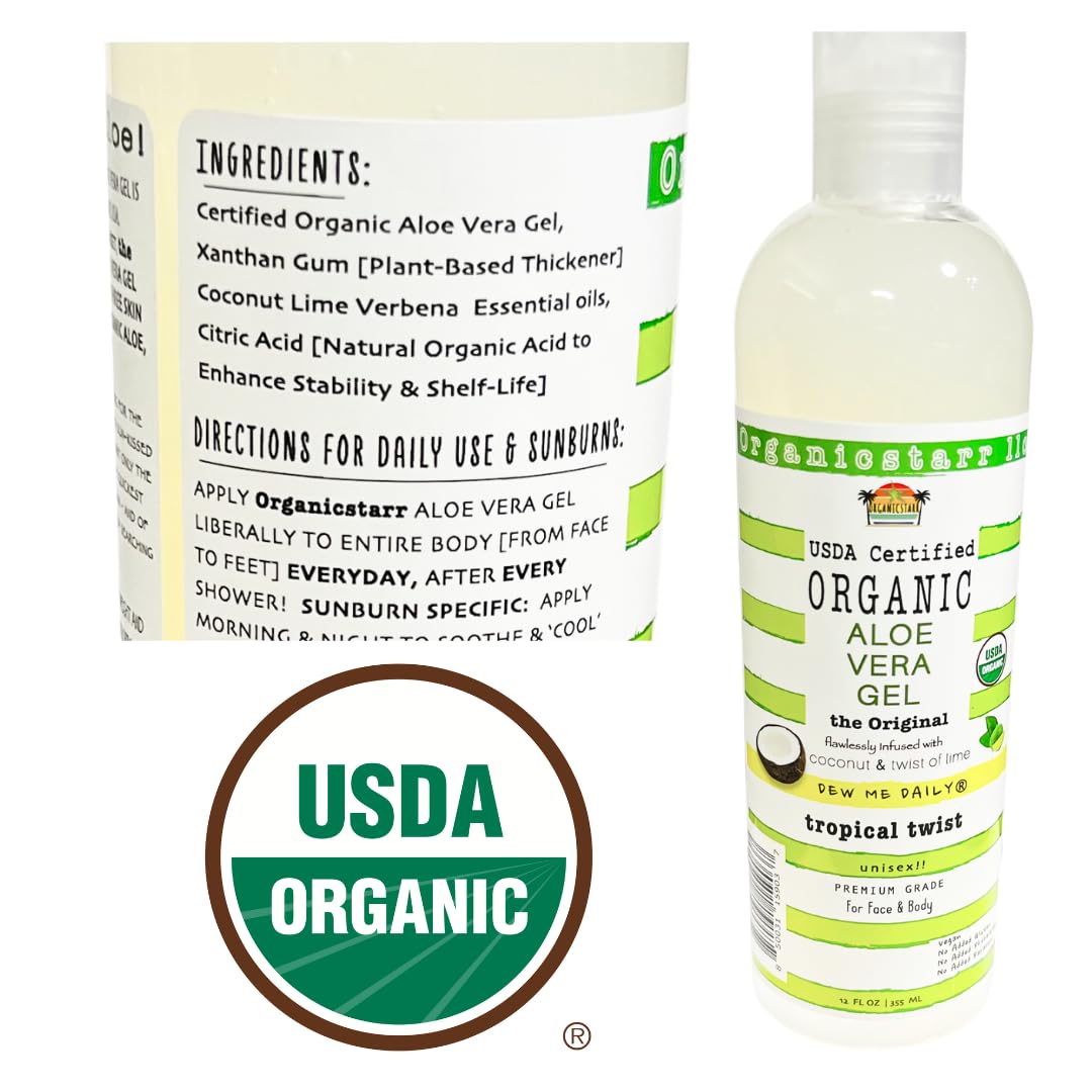 USDA Certified Organic Aloe Vera Gel 12 oz - 100% Pure, Cold Pressed, Hand Harvested, Infused with Coconut, Lime & Verbena Essential Oils, Chemical-Free - Skin & Hair Care, Made in USA