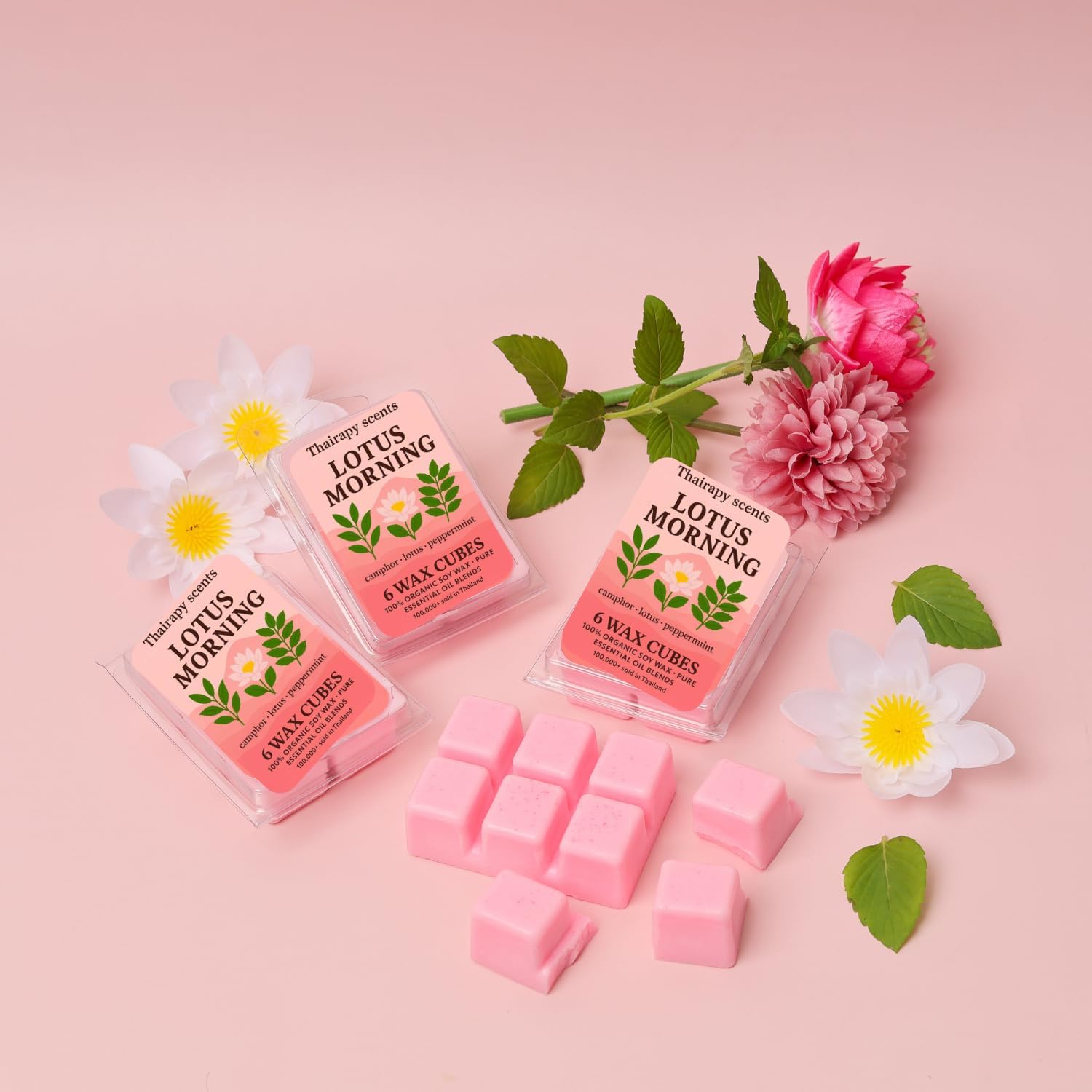 (Hand Poured in Thailand) Thairapy Scents Wax Melts, Premium Scented Natural,7.5oz (18-Cubes) Includes: Lotus Morning, Jasmine Breeze, Mountain Sandalwood (Siam Land of Smiles Collection)