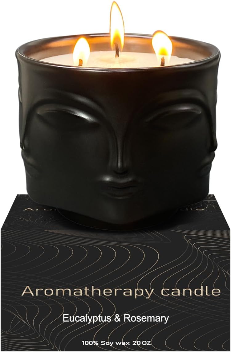 Strong Eucalyptus & Rosemary 3 Wick Black Large Candle, 20oz, Ceramic, Outdoor Scented Candles, 100% Soy, for Home Scented, Yoga, Meditation, Table Decor, Home Decor, Boho Decor, Beautiful Candle Jars