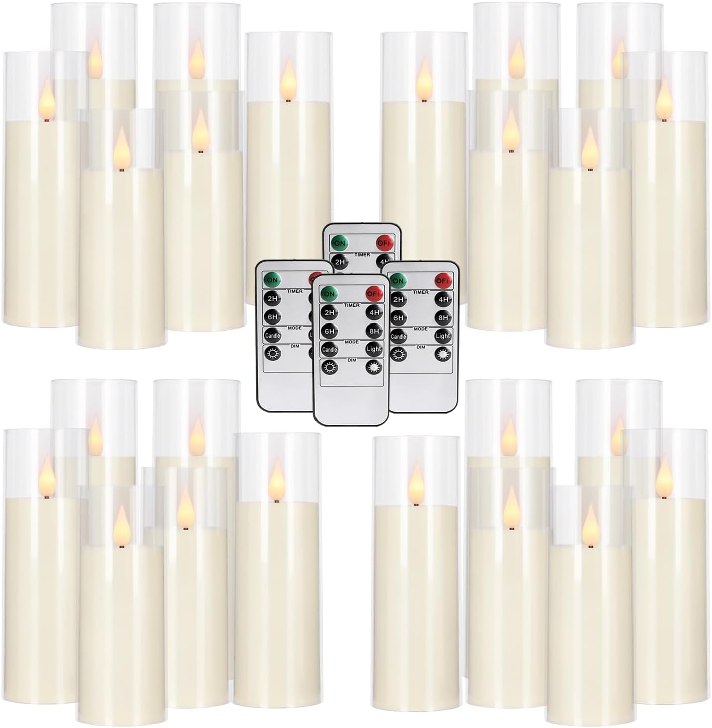 24-Pack Acrylic LED Flameless Pillar Candles with Remote & Timer, Battery Powered - Perfect for Indoor/Outdoor Decor,Wedding,BBQ and Gift - Easily Create a Magical Atmosphere.(Ivory)