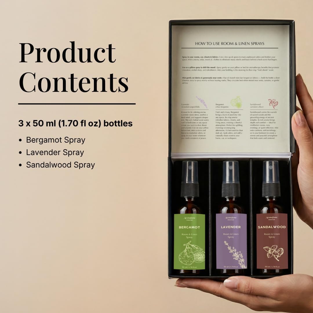 Lavender, Bergamot & Sandalwood Room & Linen Mist Gift Set by Aromafume | 3x50ml Natural Air Freshener Spray for Home, Fabric, Bedding & Pillows | Aromatherapy Fragrance, Relaxing & Calming Scent
