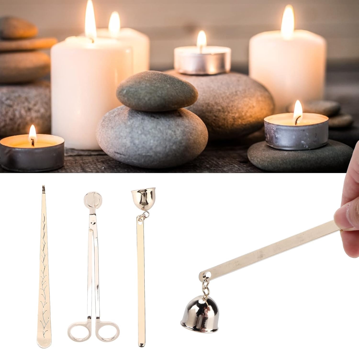 Rengue Candle Wick Trimmer Set, Stainless Steel Candle Maintenance Tools, 3 Piece Kit for Lovers with Wick Dipper and Bell Extinguisher