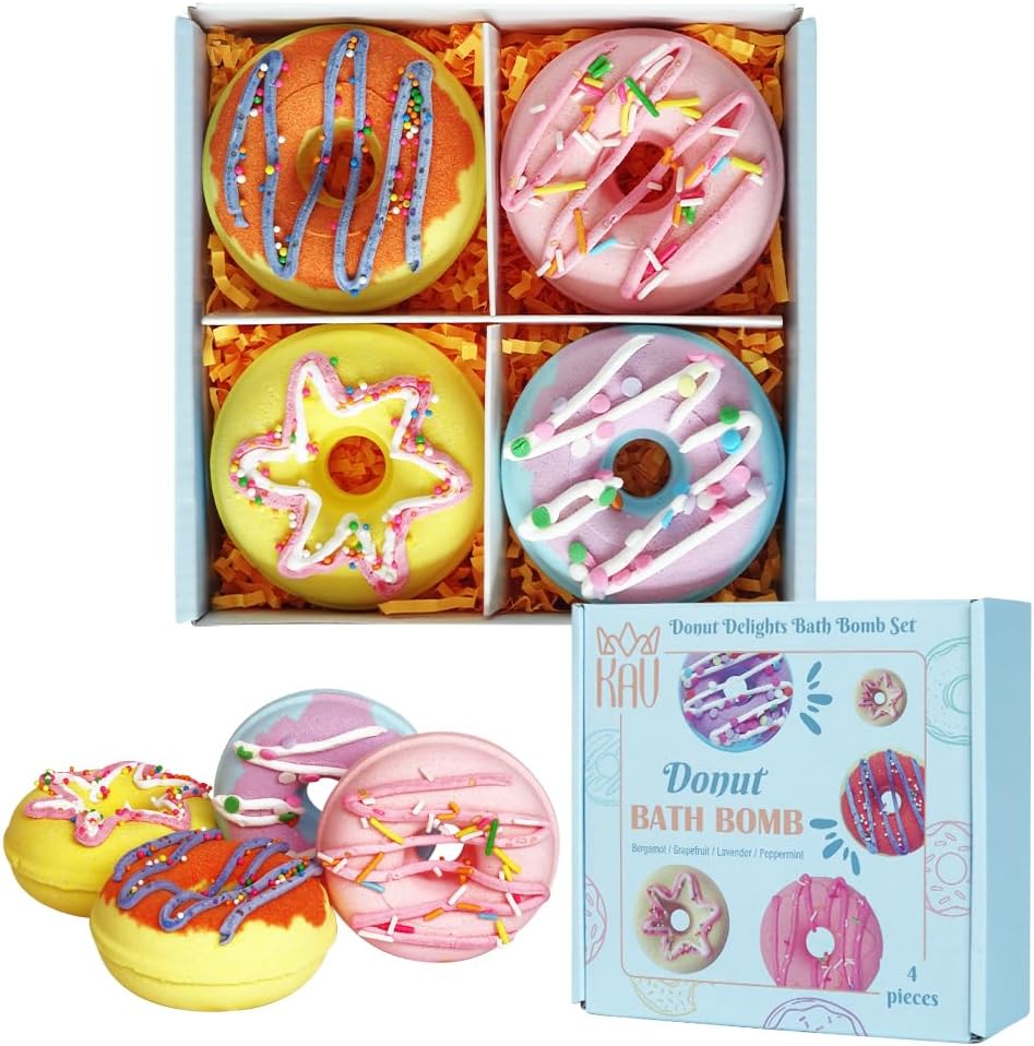 KAV Donut Bath Bombs Gift Set – 4 Piece Handmade Organic Bath Bomb Kit with Essential Oils – Relaxation Spa Gift for Women, Men, Teens, Kids – Self Care & Aromatherapy Soak