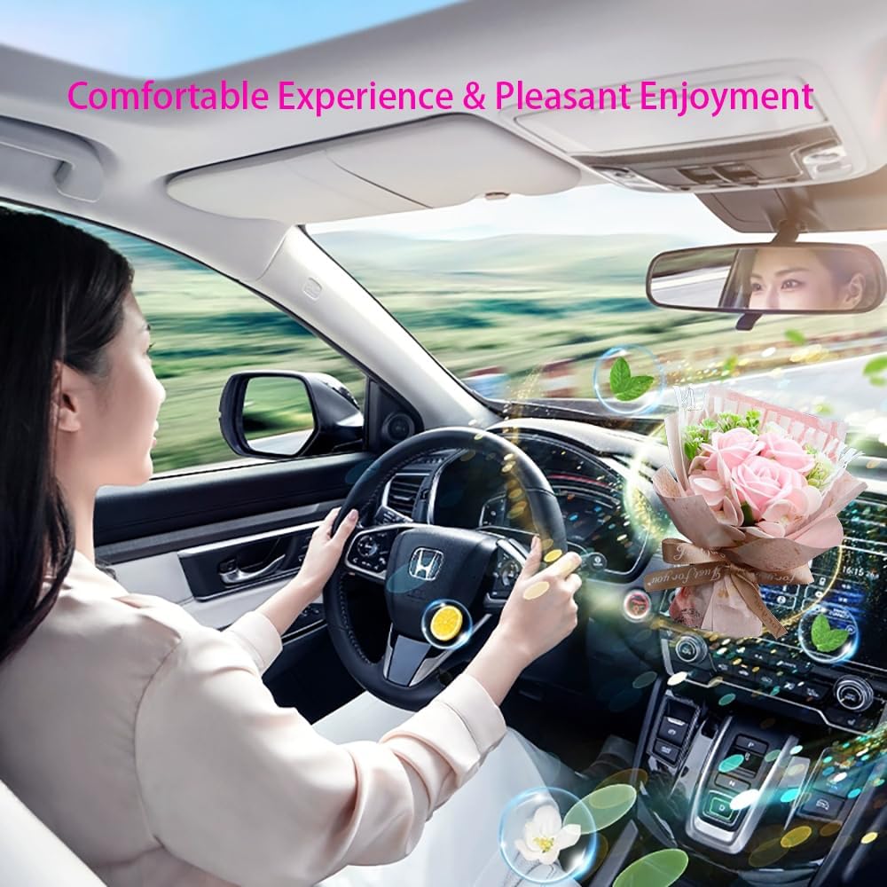 Unique Car Vent Clip Air Freshener, Aesthetic Floral Soap Rose Bouquet Diffuser Decor, Reusable Essential Oil Aroma Pad, Cute Car Accessories Gift for Women (Style I)