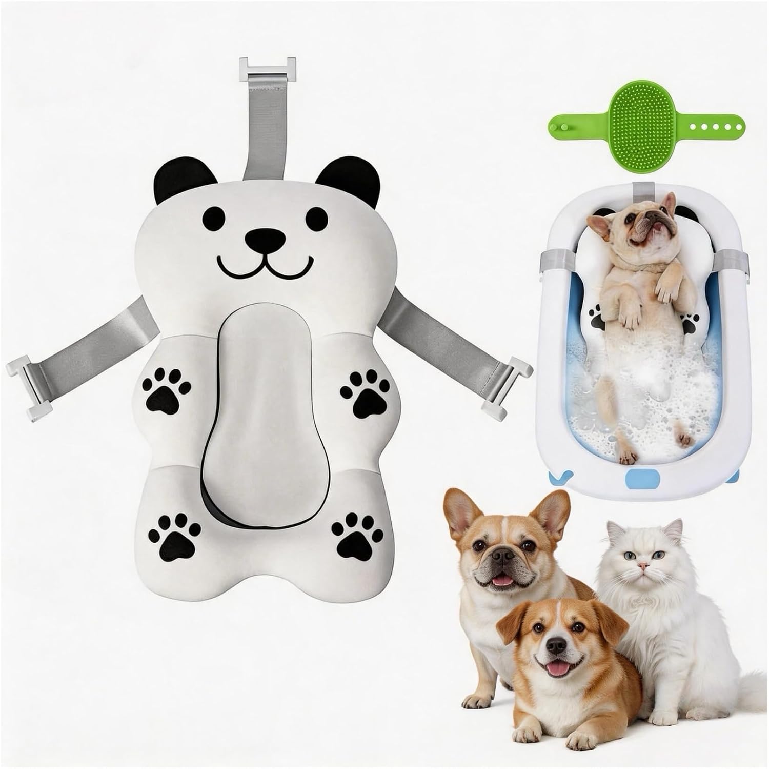 Dog Bathing Comfort mat– Floating Soft Non-Slip Pad with Adjustable Safety Straps for Small & Medium Dogs & Cats, Soothing Bathtub Cushion for Pets