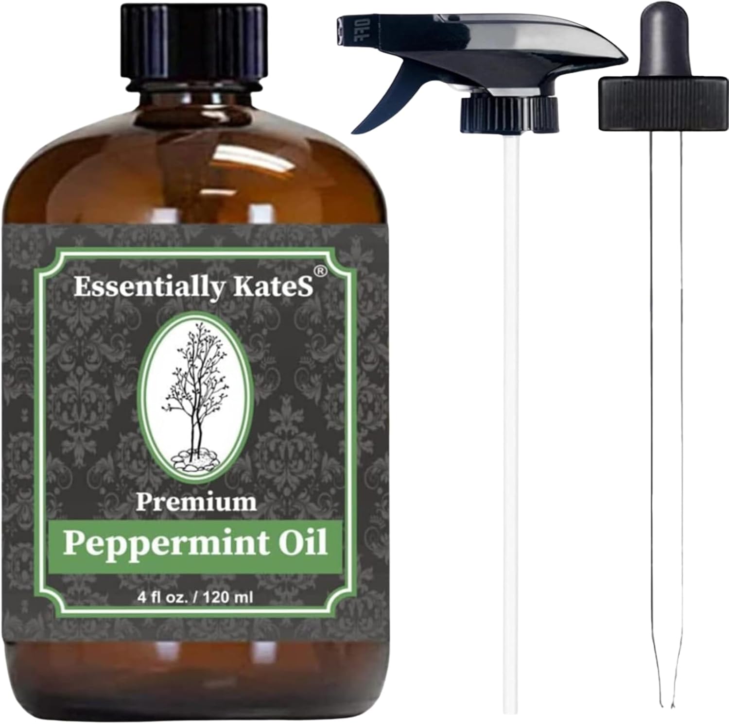 Peppermint Essential Oil 4 oz. with Huge Glass Bottle, Glass Dropper, and Sprayer. Detailed User's Guide E-Book. Skin Care, Garden Care, and Hair Care.