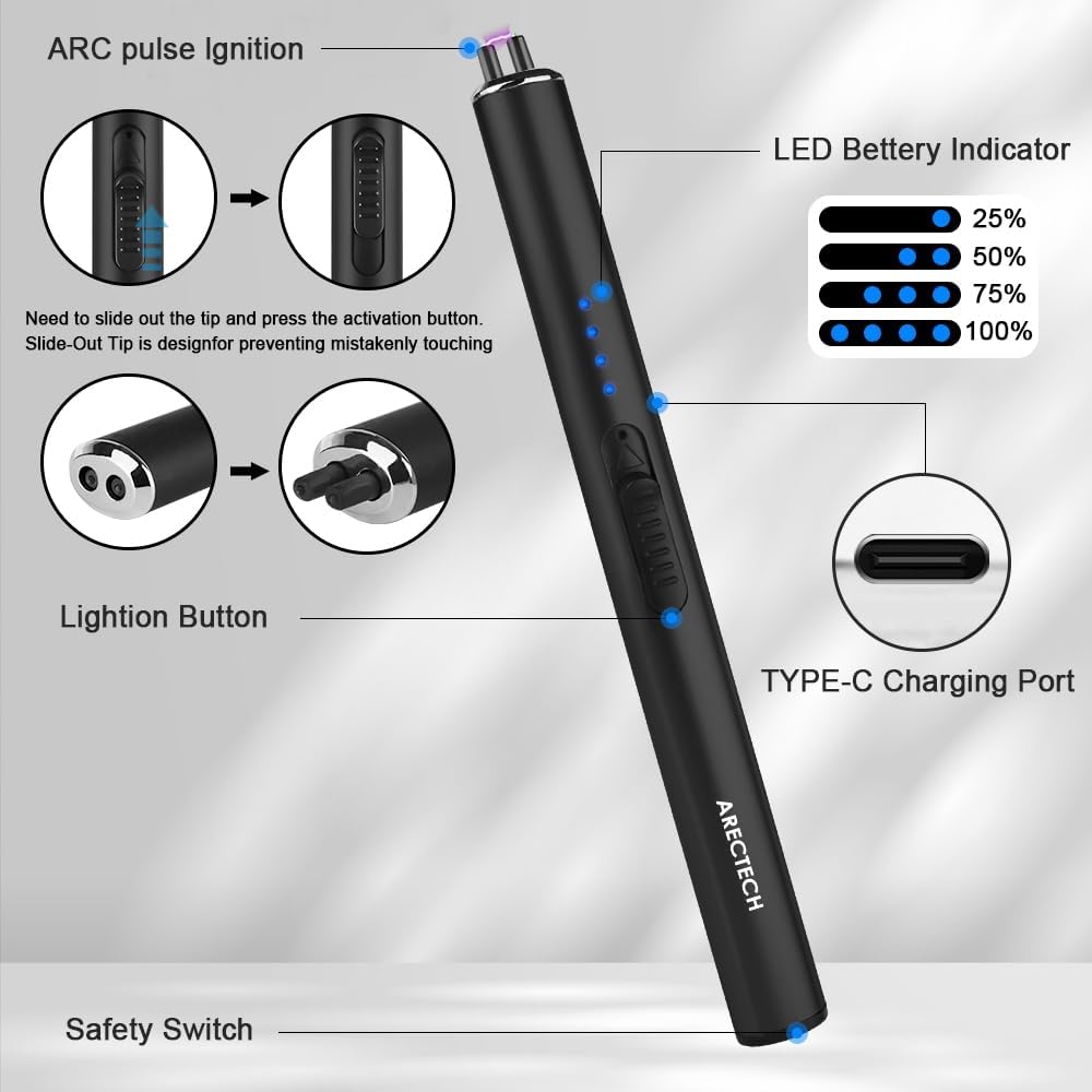 ARECTECH Electric Candle Rechargeable Lighter Arc Plasma Lighters for Candle Kitchen Camping Christmas Type-C Black