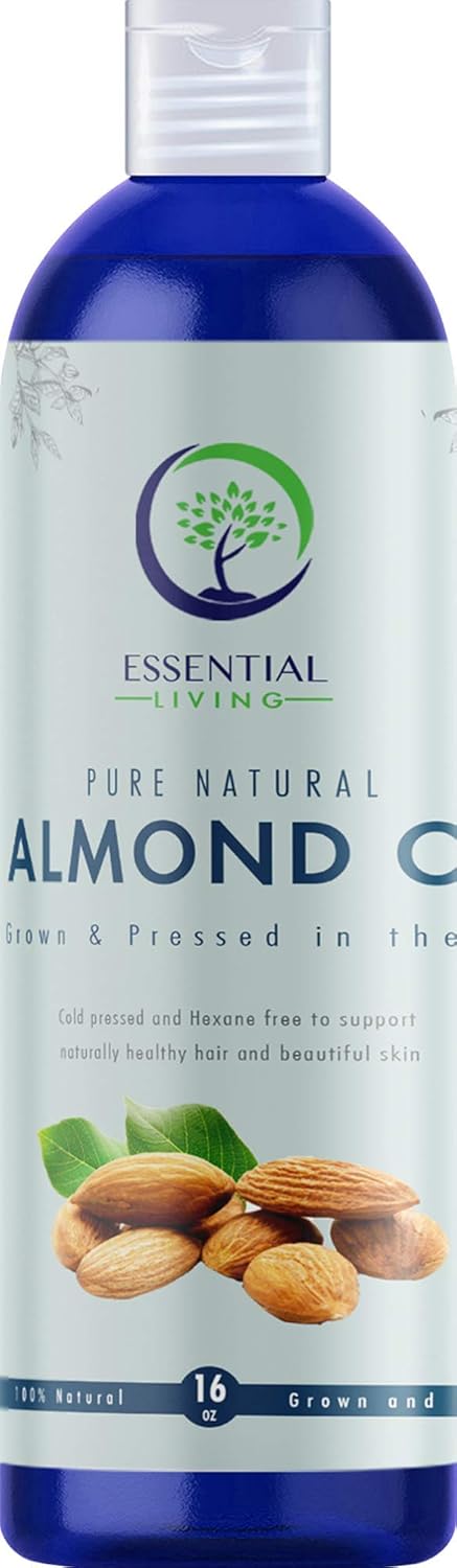 Essential Living: Sweet Almond Oil - Pure Carrier Oil for All-Natural Skin Care, Moisturizer, Makeup Remover, Oil Cleansing and More - 16OZ - Cold Pressed - No Hexane - Made in the USA