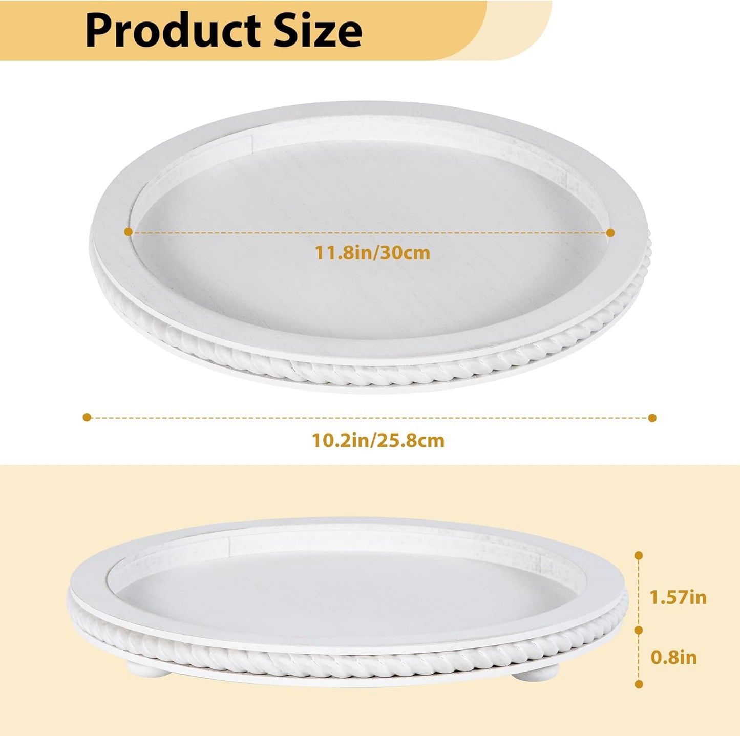 Urban Deco Decorative Trays for Home Decor, Round Wooden Trays for Coffee Table, White Stripes Tray for Living Room, Kitchen, Farmhouse Centerpiece Decor (1-Pk)