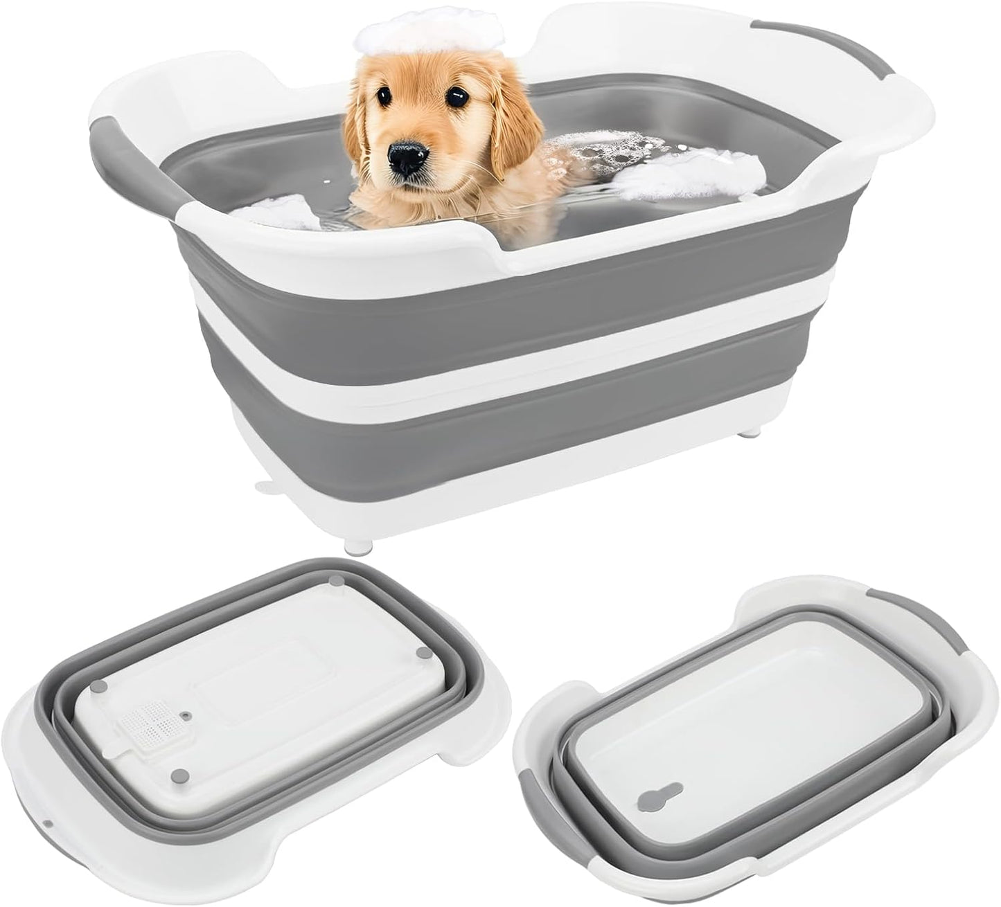 7.1 Gal/27L Multipurpose Collapsible Dog Bathtub, Raised Small Pet Bathtub with Drainage Hole and Pet Hair Collector, Portable Dog Bath Tub for Puppy Cats Space Saving Laundry Basket Organizer