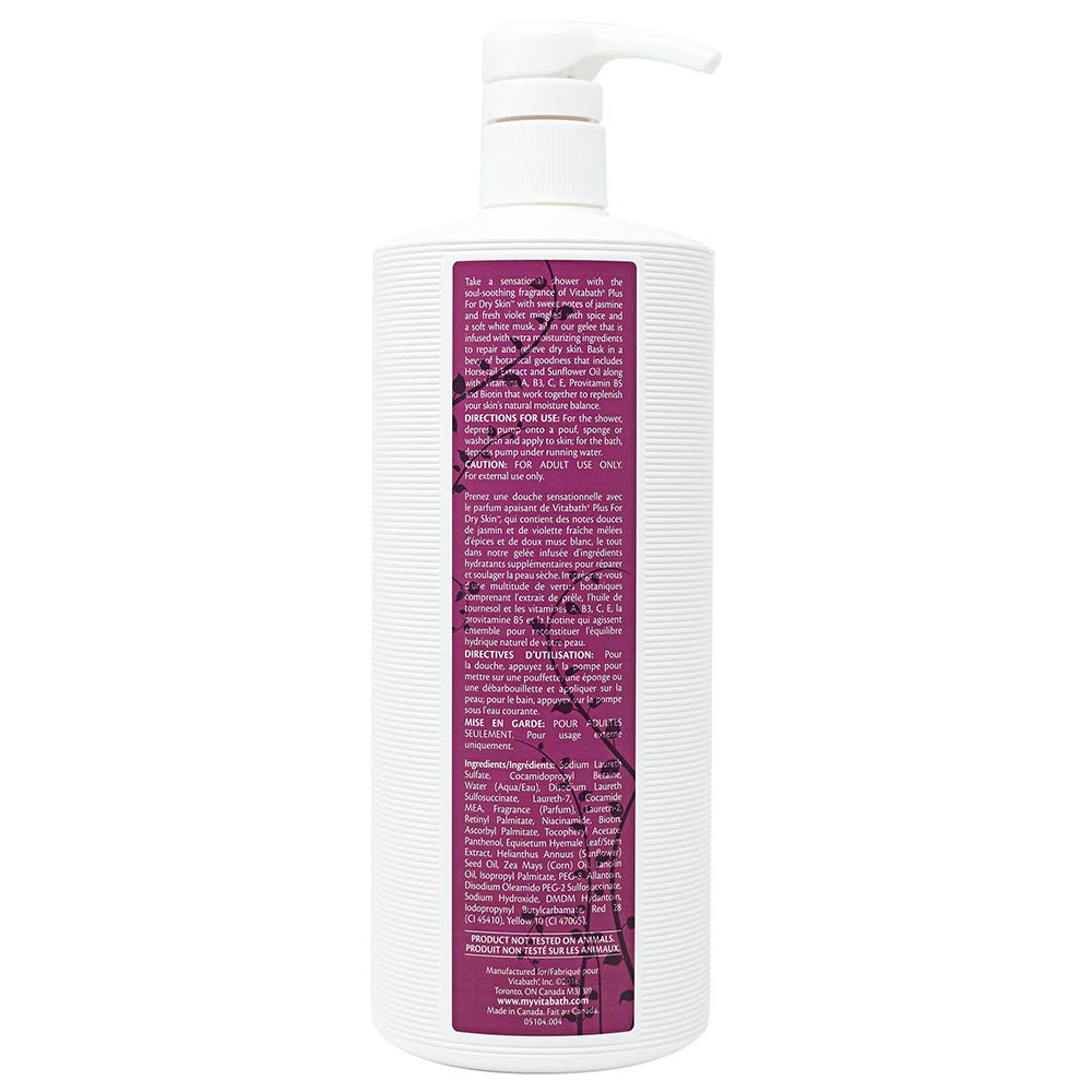 Vitabath Plus For Dry Skin Moisturizing Bath & Shower Gel Wash Nourishing Replenishing Oils Deeply Hydrate & Soothe Dryness - Body Cleanser Skin Restore & Foaming Gelee - 10.5 oz
