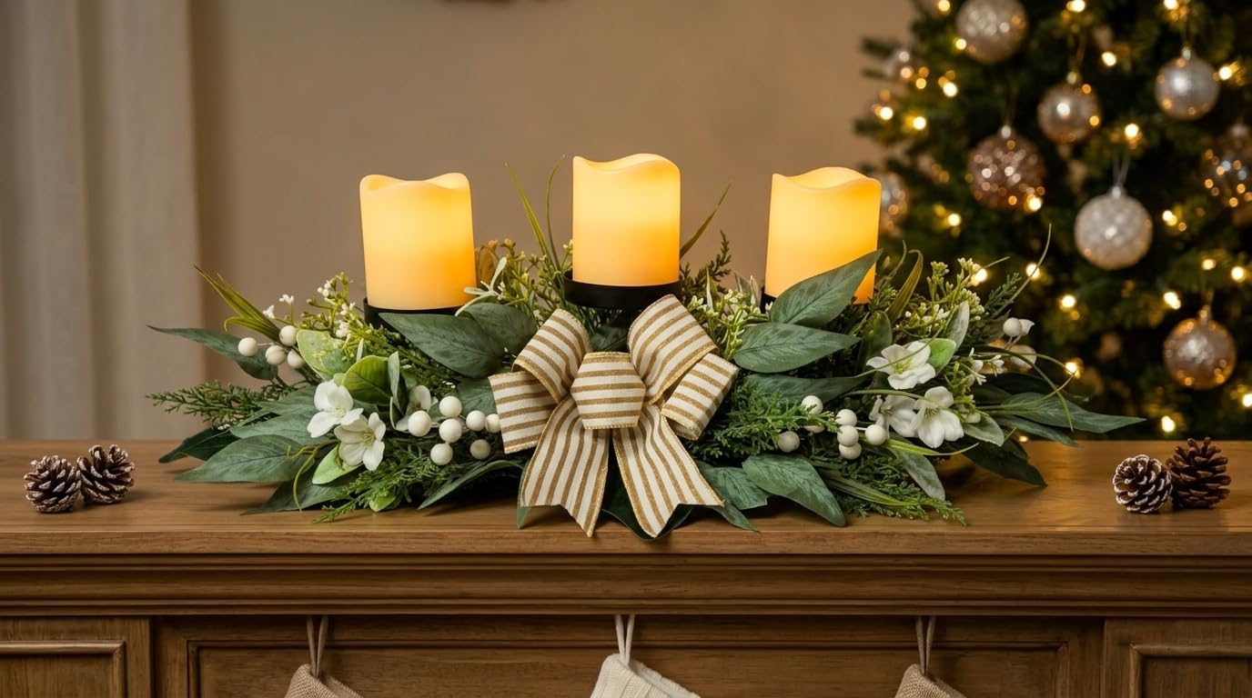 Svndlyn 26 Inch 3 Candle Holder Centerpiece with Greenery and Striped Bow | Faux Greenery, White Flowers, Berries and Eucalyptus Leaves for Table Mantel and Holiday Decor