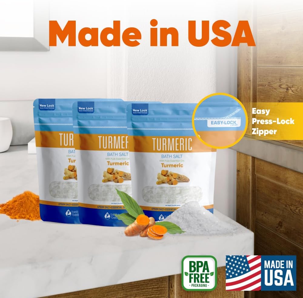 Turmeric Bath Salt (3 Pack 6 Lbs Total) Soothing Bath Aromatherapy Pure Essential Oils in BPA Free Pouch with Press Lock Seal Made in USA Three 2 Lbs Bundle