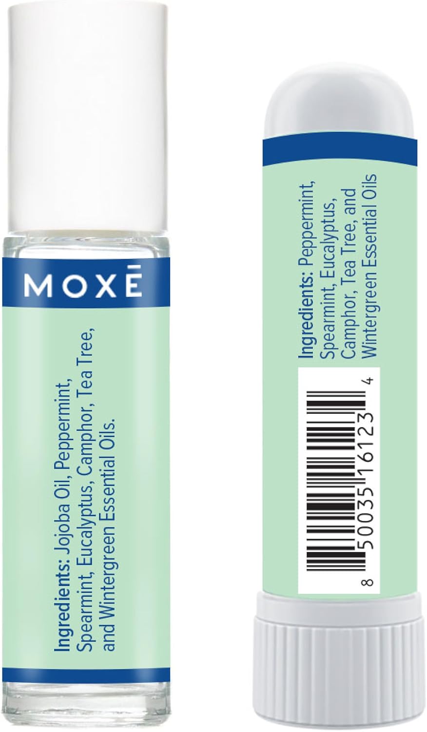 MOXE Migraine Rollon Stick & Nasal Inhaler, Fast Cooling Comfort for Headaches & Tension, Non-Medicated Soothing Vapors, Peppermint, Eucalyptus, and Other Essential Oils, Metal Roller, Made in USA