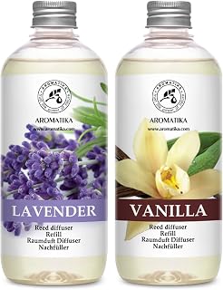 Reed Diffuser Refill Set Vanilla & Lavender with Lavender Essential Oil 34 Fl Oz - 2x500ml - Fragrance Oil Reed Diffuser Refill - Room Freshener - Floral Fragrance - Fresh and Long Lasting Fragrance