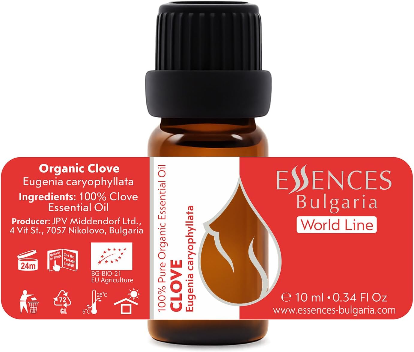 Essences Bulgaria Organic Clove Essential Oil 0.34 Fl Oz | 10ml | Eugenia caryophyllata | 100% Pure and Natural | Undiluted | Therapeutic Grade | Aromatherapy | Cosmetics | Cruelty Free | Non-GMO