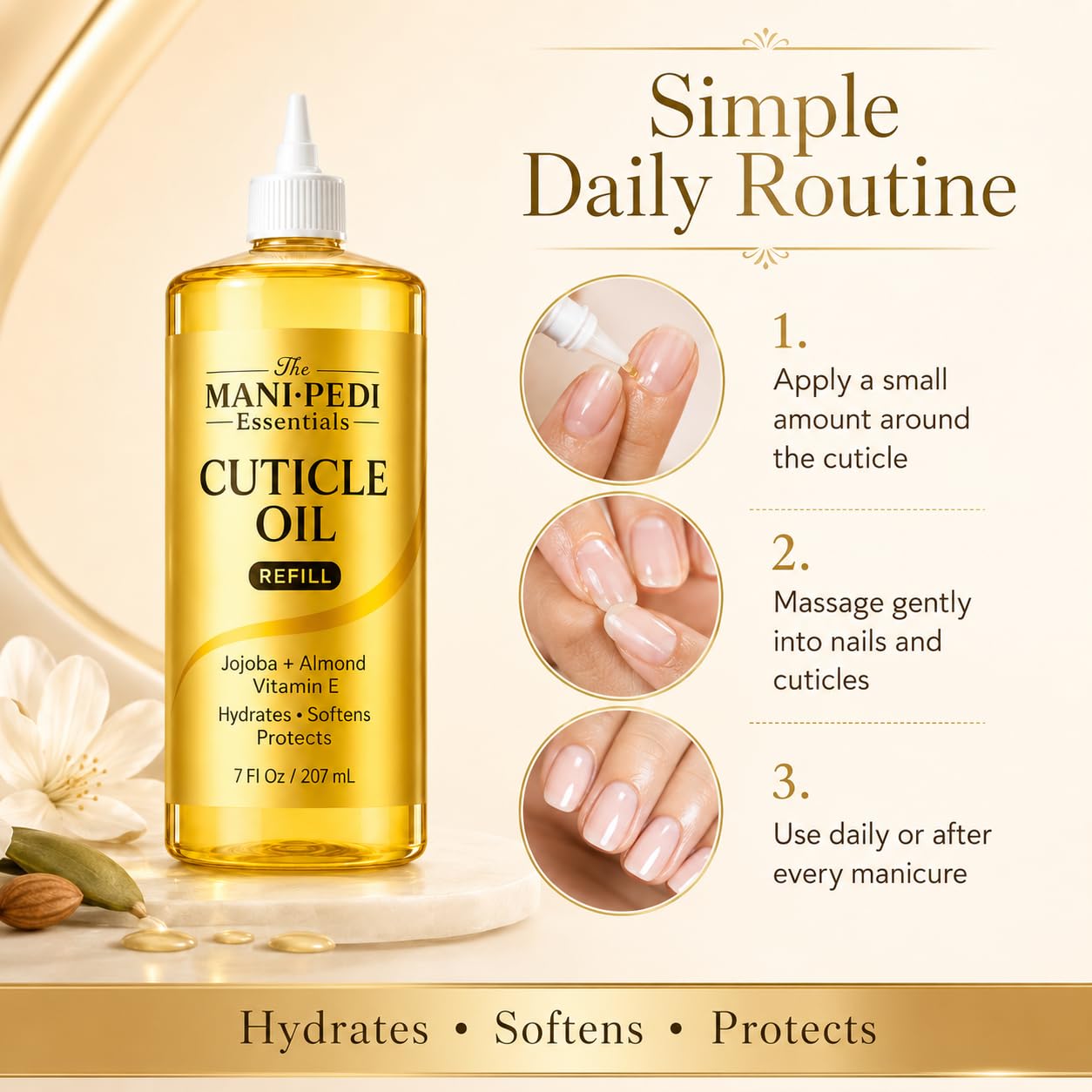 Professional Cuticle Oil Refill/Bulk Pack with precision nozzle for easy refilling - 7 Fl Oz. Enriched with Jojoba Oil, Vitamin E & Sweet Almond Oil. Nail Tech Supplies for Nourished Nails & Cuticles