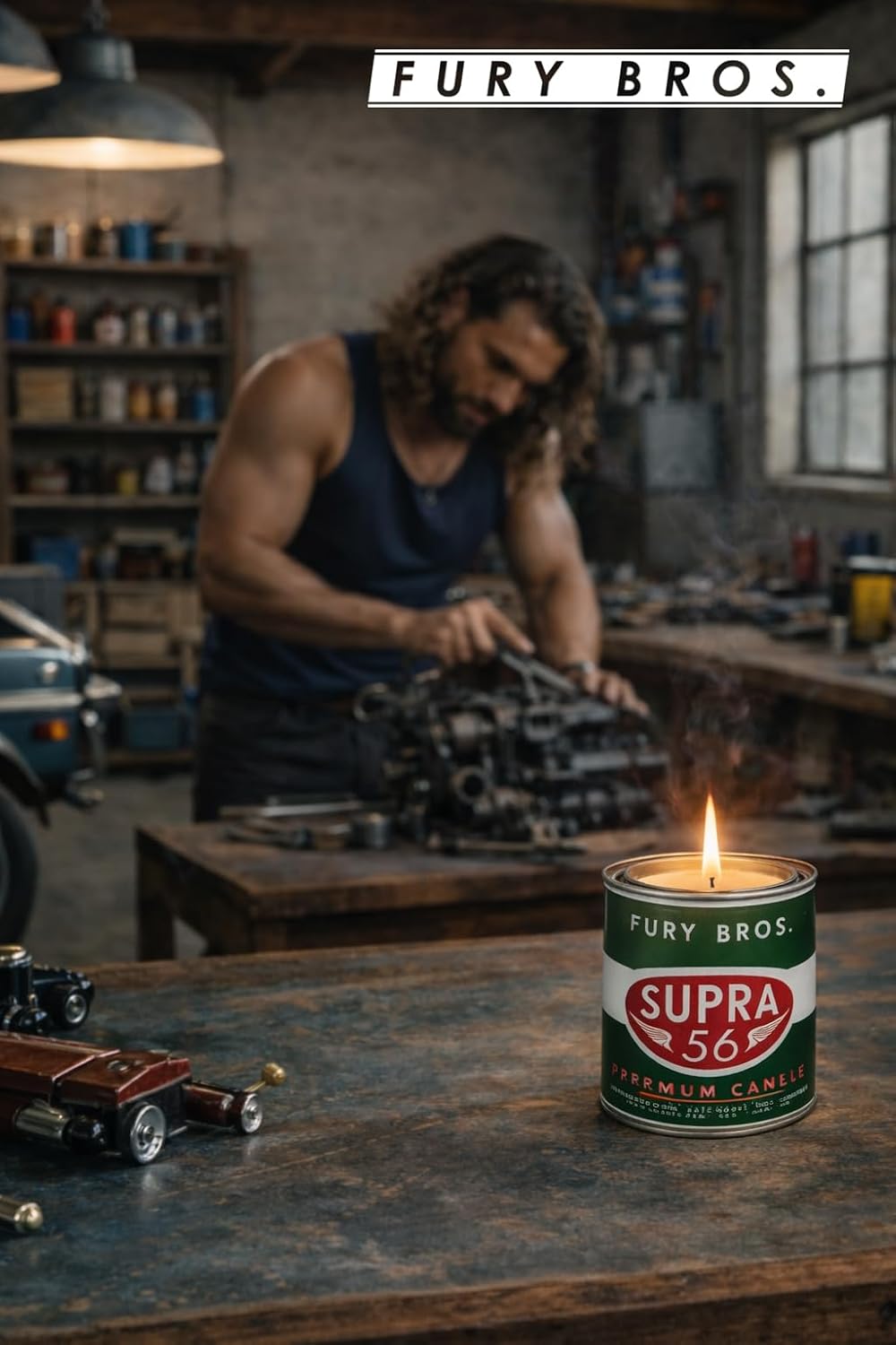 Fury Bros. Scented Candles for Men | Supra 56 | Sandalwood Patchouli Cedar | Natural Soy Wax | Hand-Poured in the USA | Long 70-80 Hour Burn (12.5 oz) | Vintage-Inspired Tin Design | Dad Home Gift