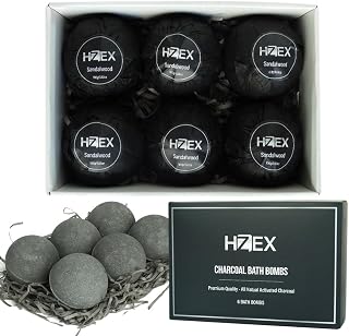 HZEX Charcoal Activated Bath Bombs for Men – Detox with Handmade Organic 6 Pack Bath Bomb Set, up to 3 Scents (Sandalwood, Bergamot, Ocean), Individually Wrapped (Sandalwood)