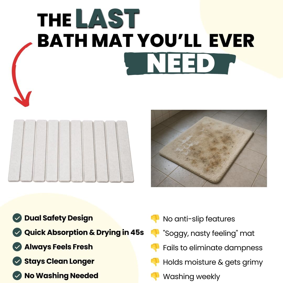 MophonicHome Foldable Stone Bath Mat - Diatomaceous Earth Shower Mat, Non-Slip Quick-Dry Stone Bath Mats for Bathroom Floor, Super Absorbent, Compact Design, Easy to Clean, Light Grey (23.5 x 15)