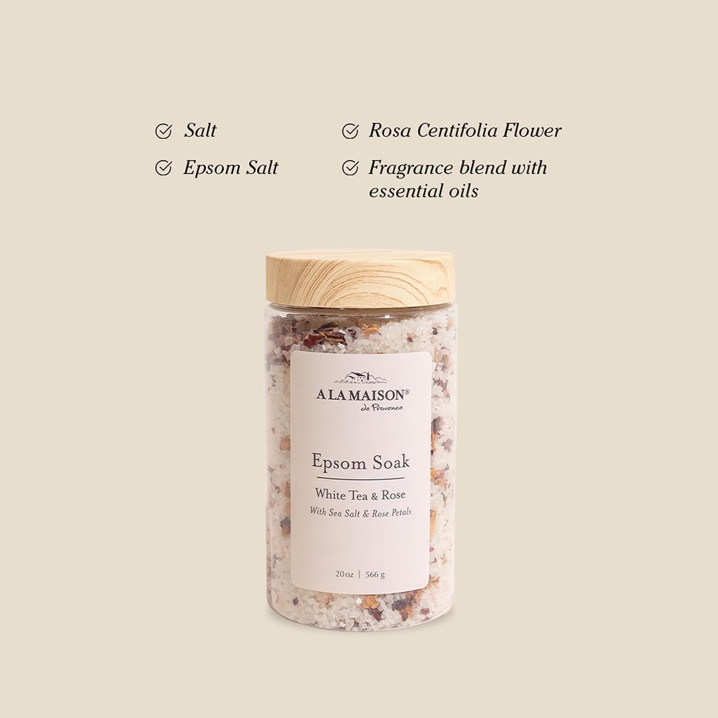 A LA MAISON Epsom Salt Bath Soak – White Tea & Rose – Muscle Relief Bath Soak with Magnesium – Relaxing Bath Salt – 20 oz – Amber Collection