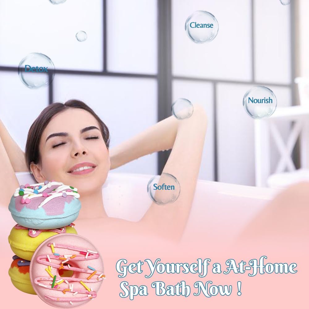 KAV Donut Bath Bombs Gift Set – 4 Piece Handmade Organic Bath Bomb Kit with Essential Oils – Relaxation Spa Gift for Women, Men, Teens, Kids – Self Care & Aromatherapy Soak